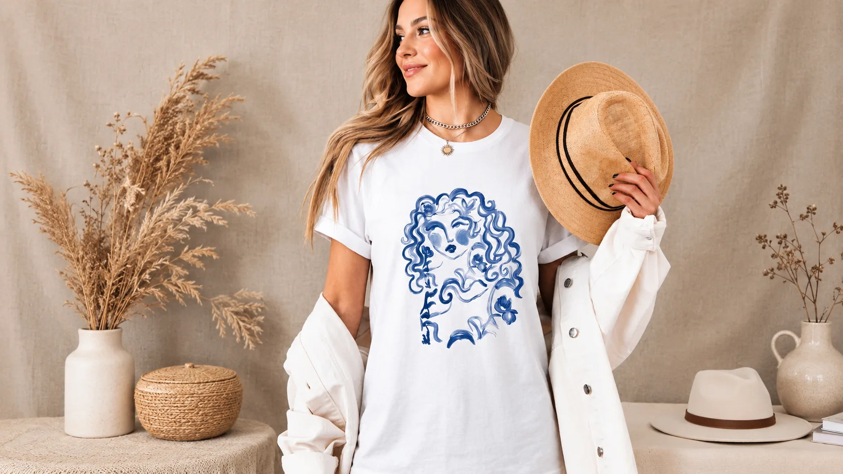 Custom render — the t-shirt styled on a lifestyle shoot