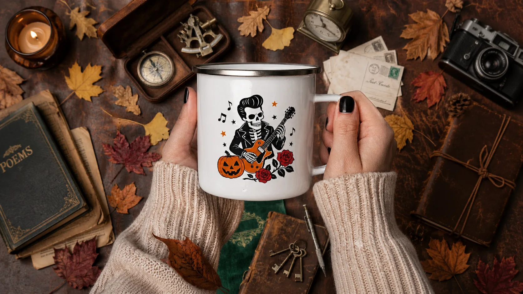 Custom render — the enamel mug held in a cozy lifestyle scene