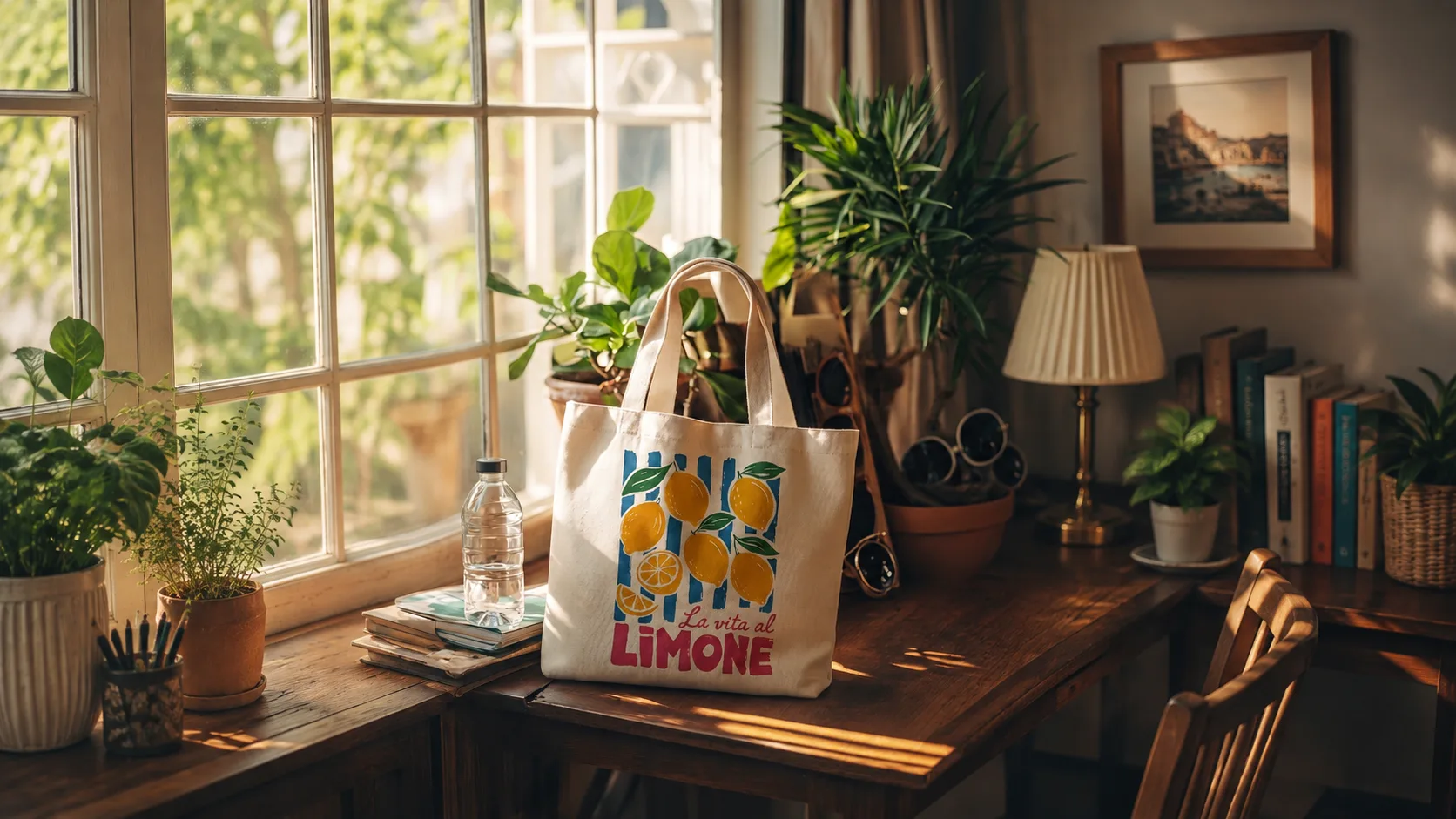 Custom render — the tote styled in a sunlit interior