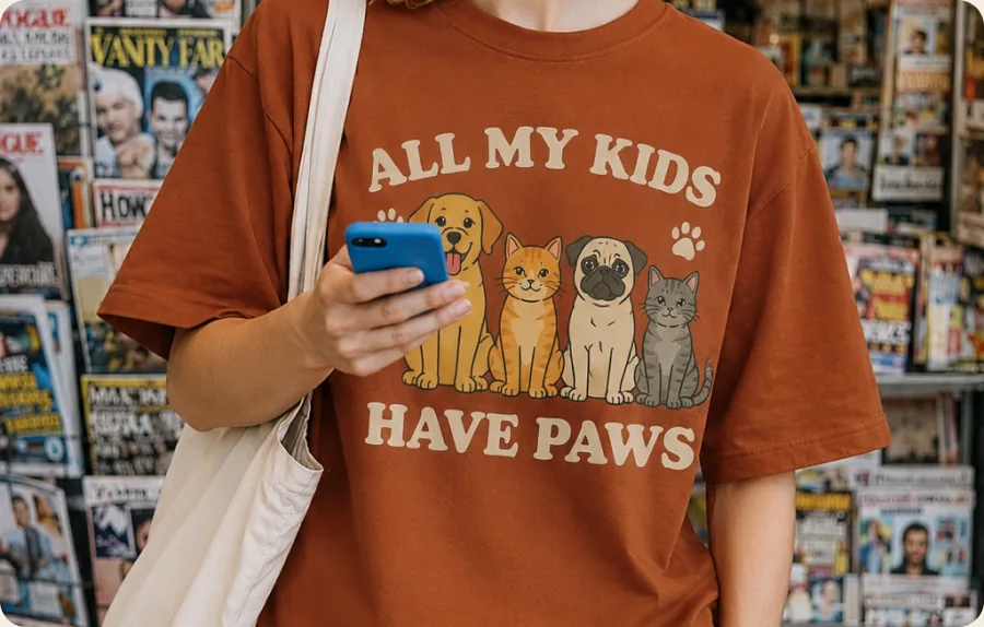 Model wearing a custom printed t-shirt in a lifestyle setting