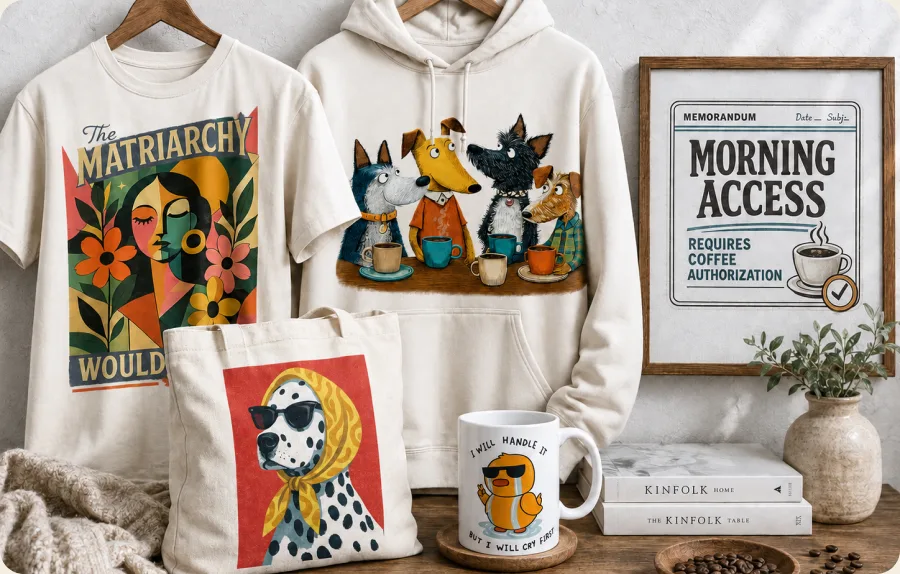 Flat-lay collection of printed apparel, posters, and mugs