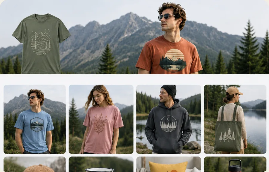 Outdoor lifestyle photos of models in printed apparel