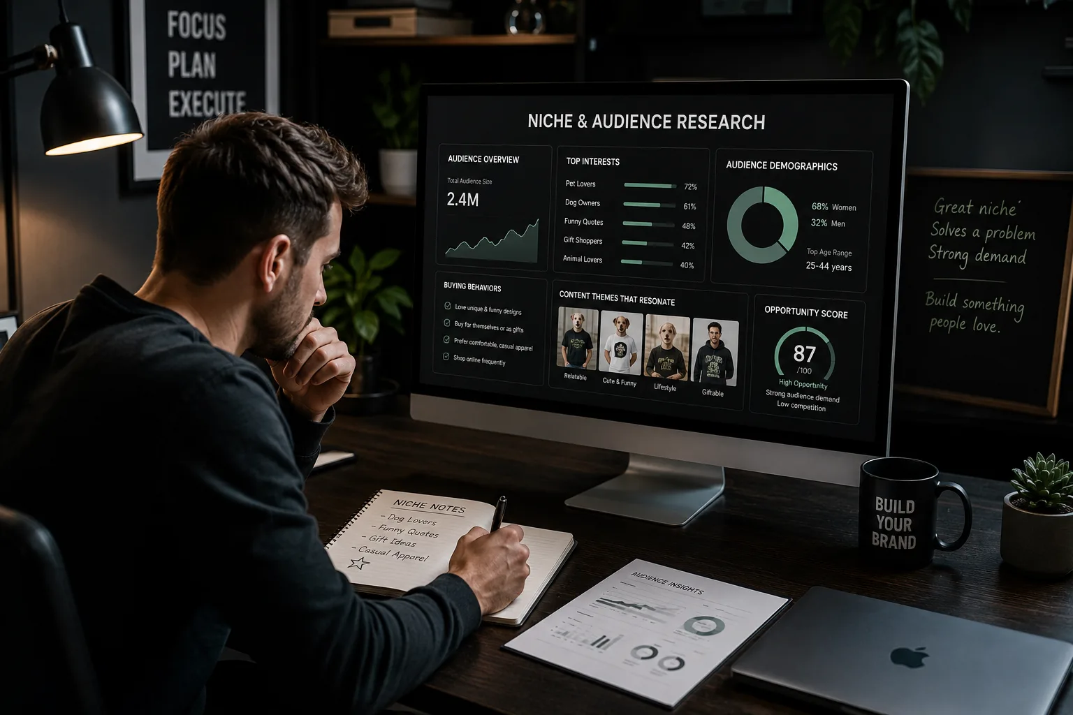 Founder reviewing a niche and audience research dashboard