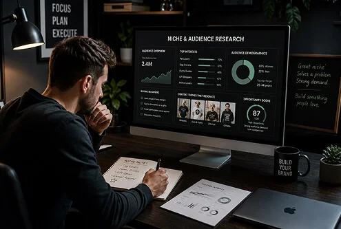 Founder reviewing a niche and audience research dashboard