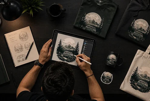 Designer drawing original artwork on a tablet