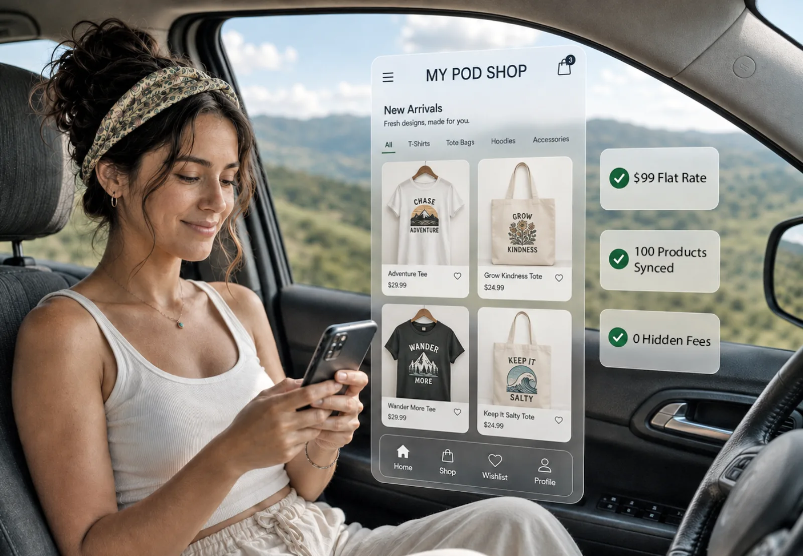A woman browsing her live POD shop on her phone, with flat-rate pricing and synced products called out