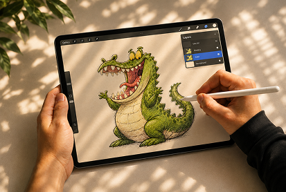 A designer sketching a crocodile mascot in a drawing app on a tablet