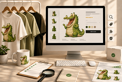 The crocodile mascot applied to shirts and a mug, with the optimized product page open on a desktop monitor